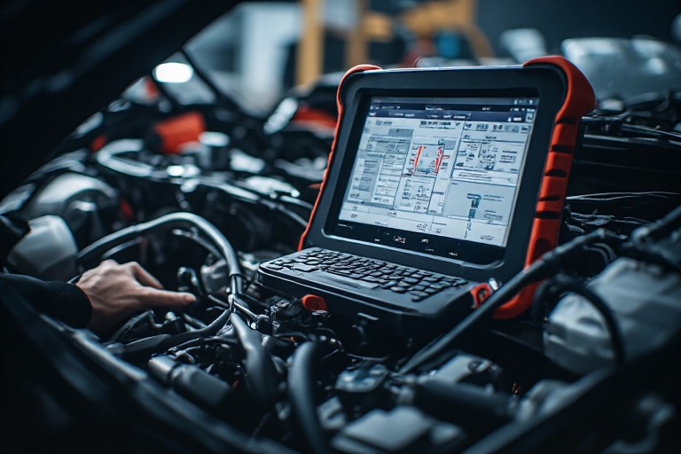 Equipo de diagnosis electrónica conectado al vano motor de un vehículo