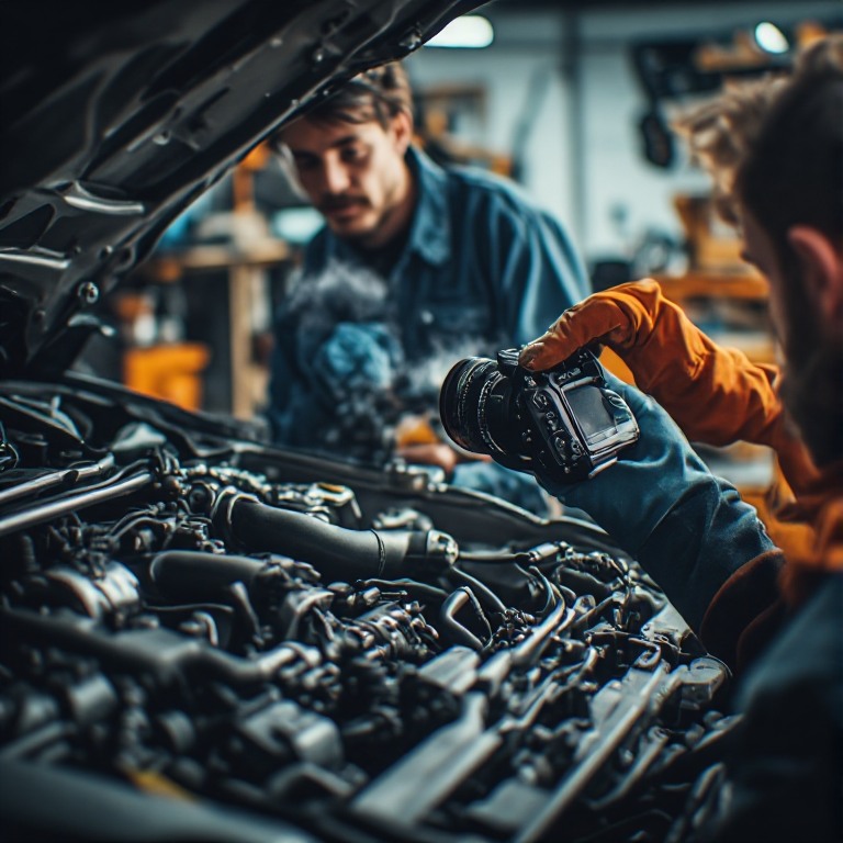 El perito fotografía el motor durante la inspección para el informe